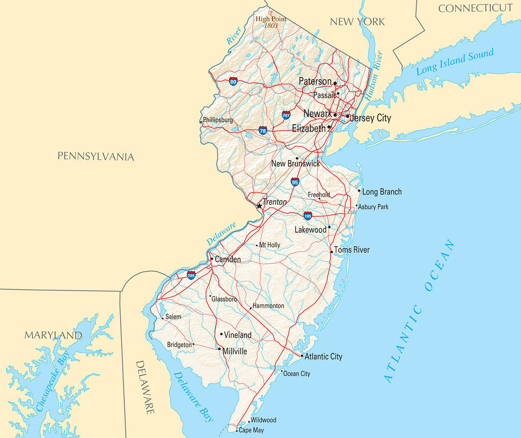 Map of New Jersey NJ - Reference Map Framed Push Pin Map