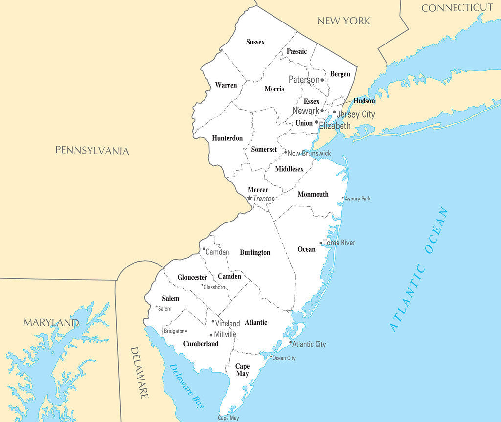 Map of New Jersey NJ - County Map with selected Cities and Towns Framed Push Pin Map