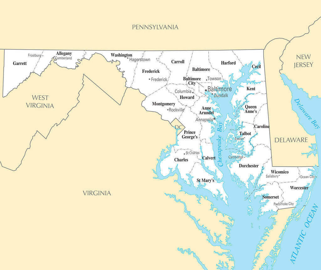 Map of Maryland MD - County Map with selected Cities and Towns Framed Push Pin Map