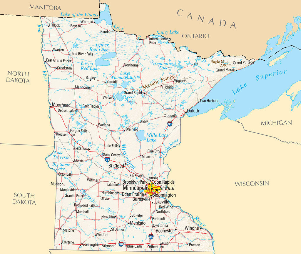 Map of Minnesota MN - Reference Map Framed Push Pin Map