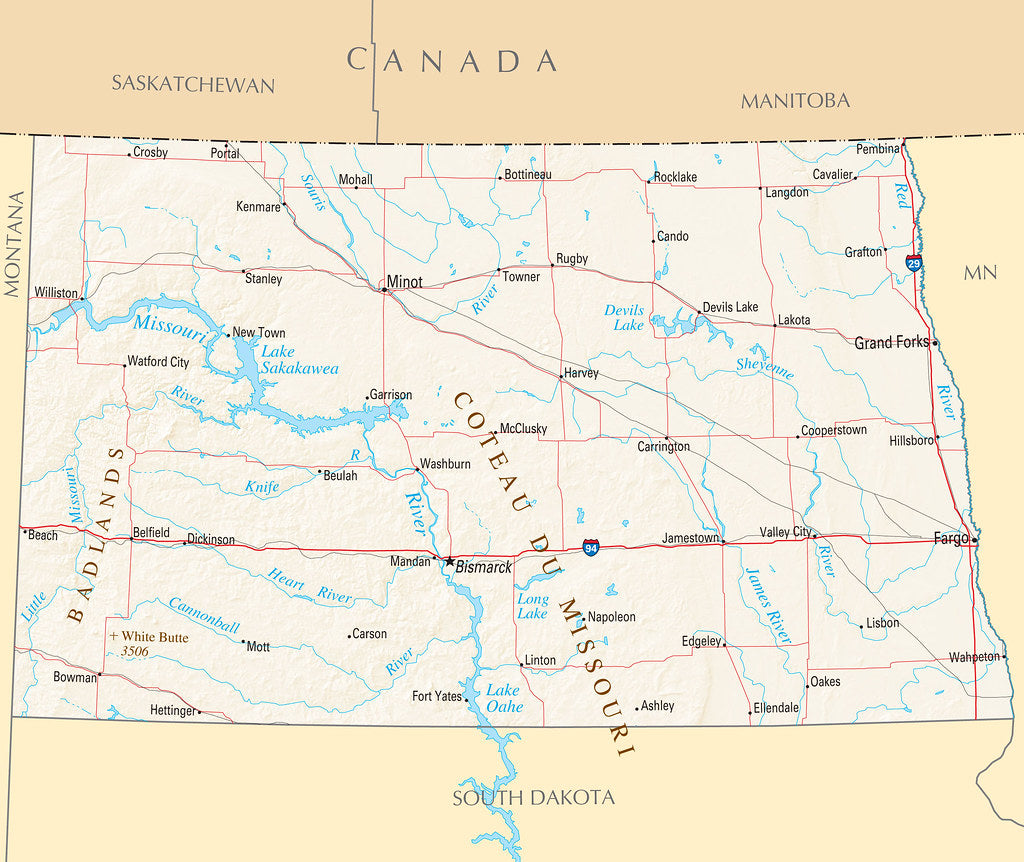 Map of North Dakota ND - Reference Map Framed Push Pin Map