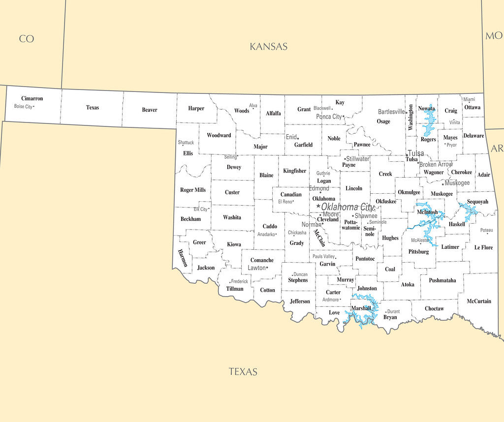 Map of Oklahoma OK - County Map with selected Cities and Towns Framed Push Pin Map