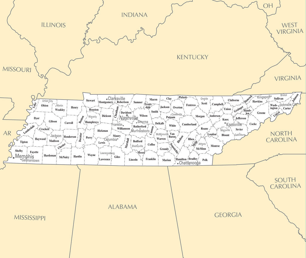 Map of Tennessee TN - County Map with selected Cities and Towns Framed Push Pin Map