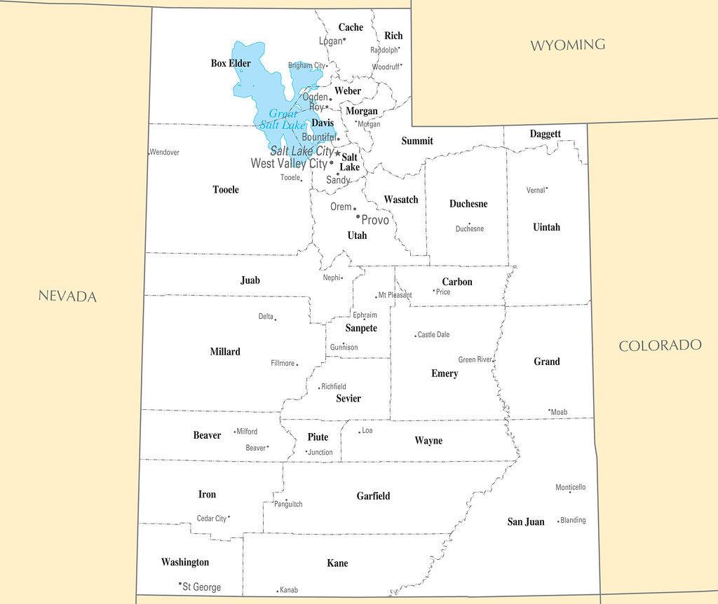 Map of Utah UT - County Map with selected Cities and Towns Framed Push Pin Map