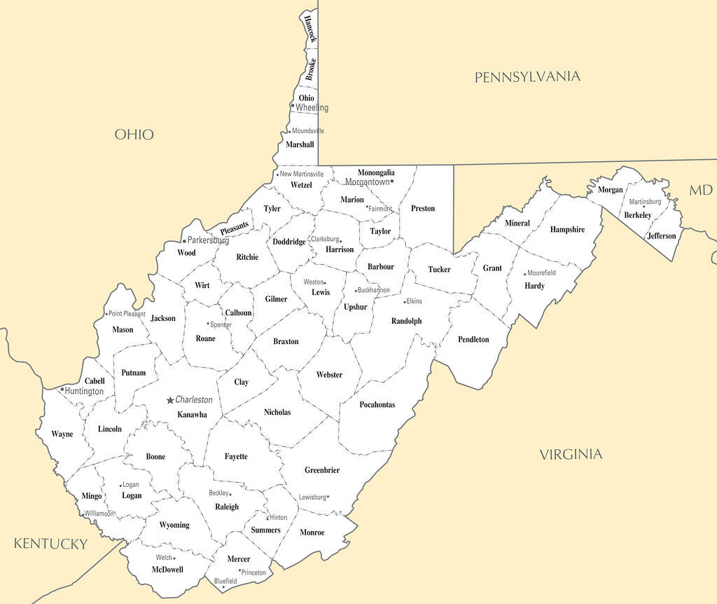 Map of West Virginia WV - County Map with selected Cities and Towns Framed Push Pin Map