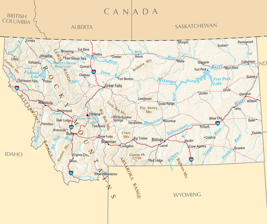 Map of Montana MT - Reference Map Framed Push Pin Map