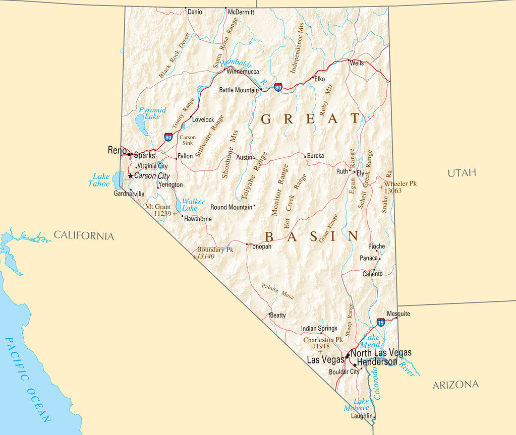 Map of Nevada NV - Reference Map Framed Push Pin Map