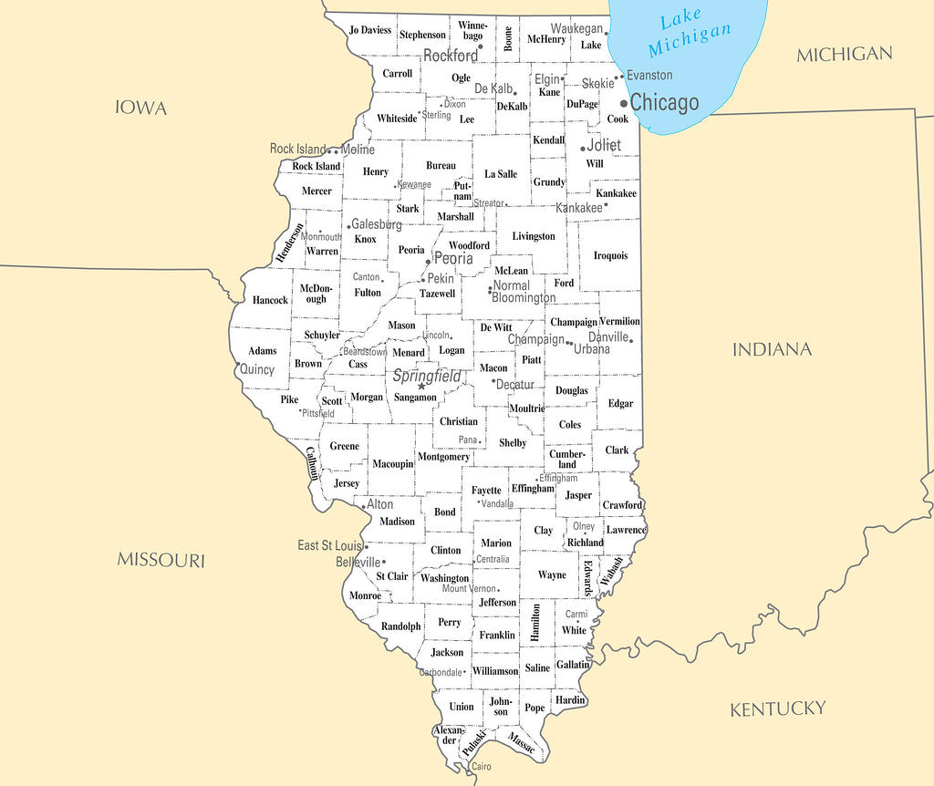 Map of Illinois IL - County Map with selected Cities and Towns Framed Push Pin Map