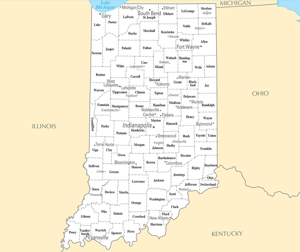Map of Indiana IN - County Map with selected Cities and Towns Framed Push Pin Map