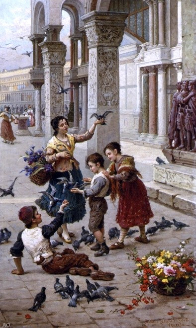 Antonio Paoletti Feeding the Pigeons at Piazza St. Marco, Venice - Hand Painted Oil Painting