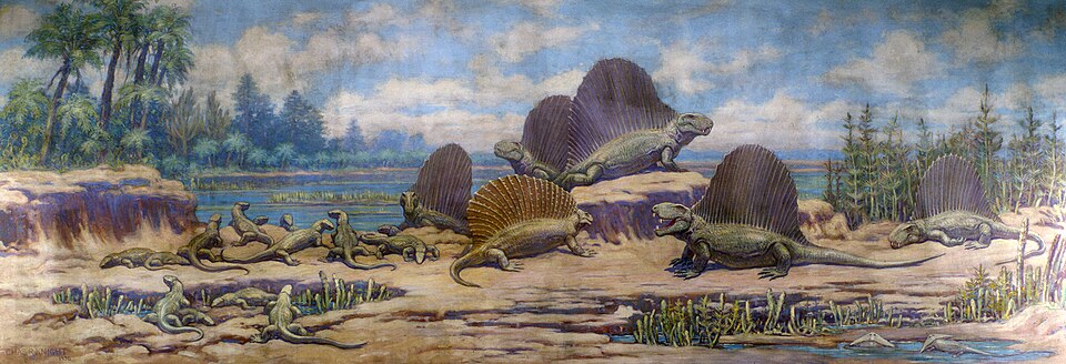 Charles R. Knight Dimetrodon, Edaphosaurus, Casea and Diplocaulus from Permian - Hand Painted Oil Painting