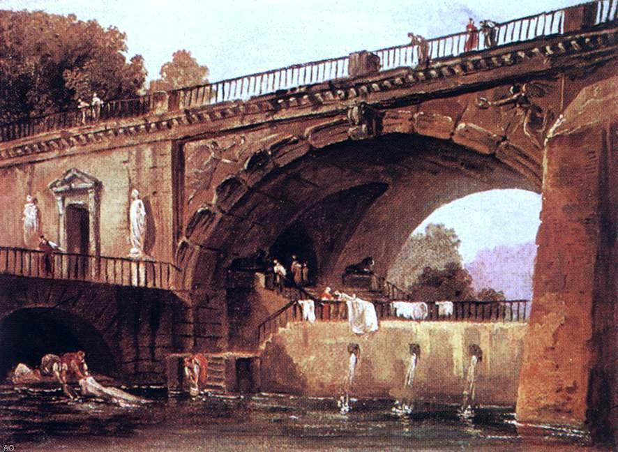 Hubert Robert Washerwomen below a Bridge - Hand Painted Oil Painting