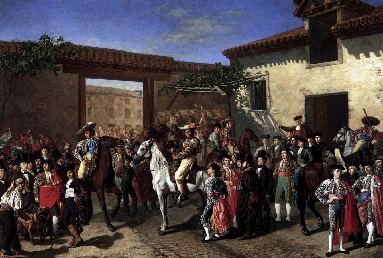 Manuel Castellano Horses in a Courtyard by the Bullring before the Bullfight, Madrid - Hand Painted Oil Painting