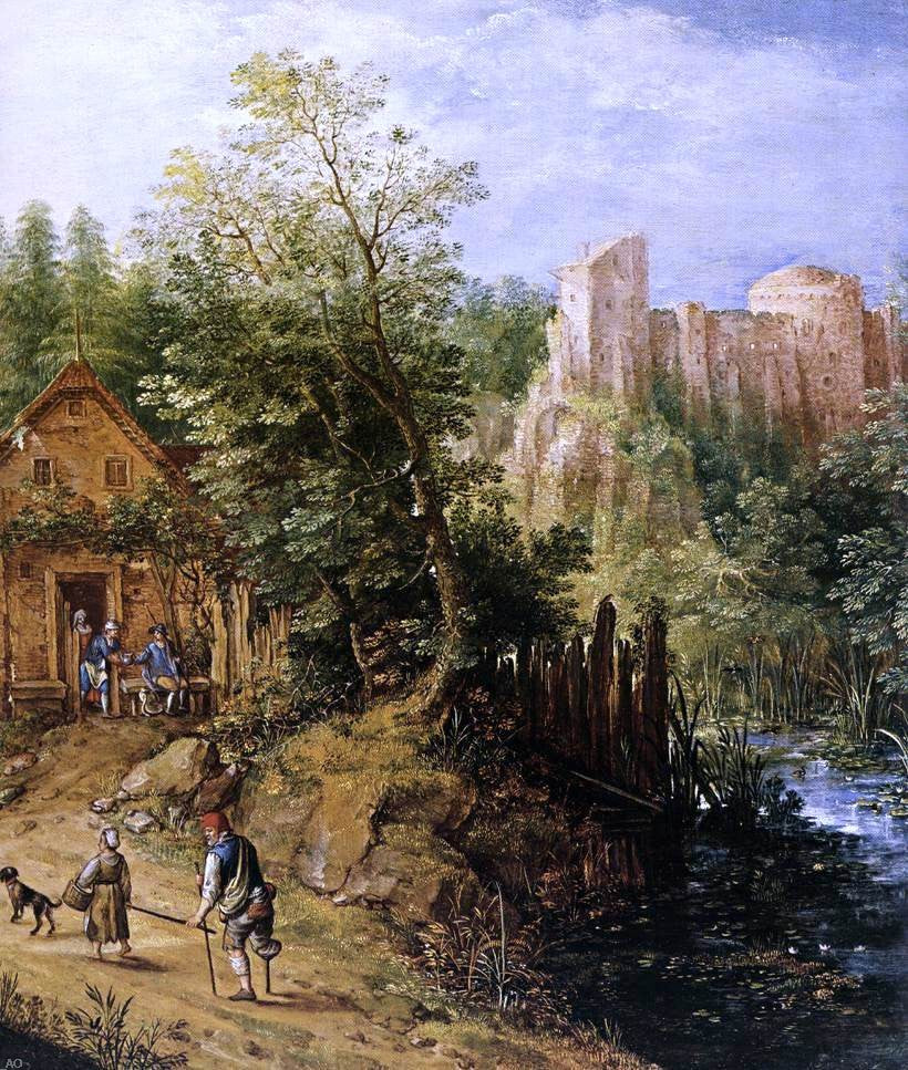 Pieter Stevens Mountain Valley with Inn and Castle (detail) - Hand Painted Oil Painting