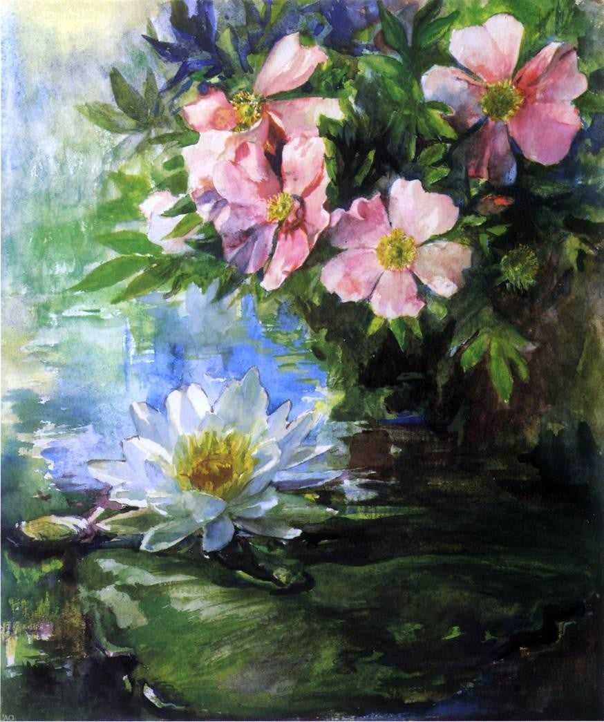 John La Farge Wild Roses and Water Lily - Study of Sunlight - Hand Painted Oil Painting