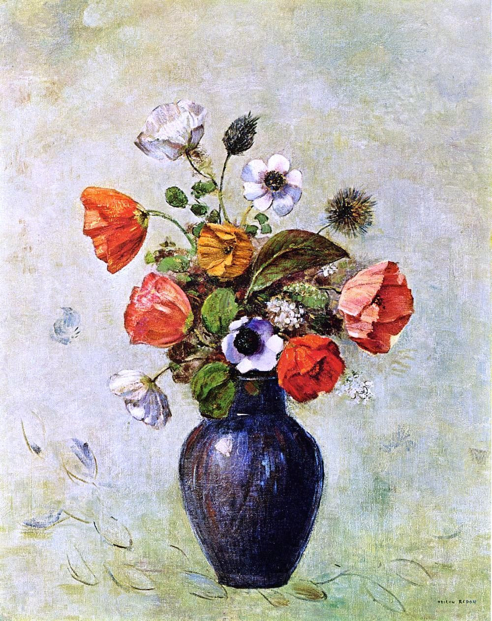 Odilon Redon Anemones and Poppies in a Vase - Hand Painted Oil Painting