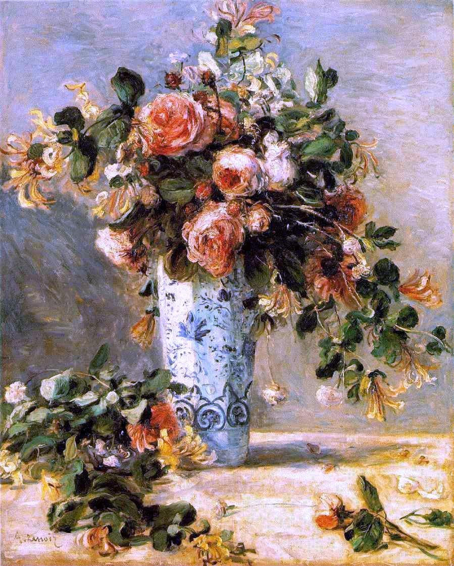 Pierre Auguste Renoir Roses and Jasmine in a Delft Vase - Hand Painted Oil Painting