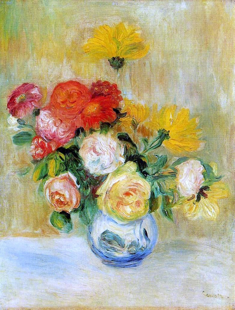 Pierre Auguste Renoir Vase of Roses and Dahlias - Hand Painted Oil Painting