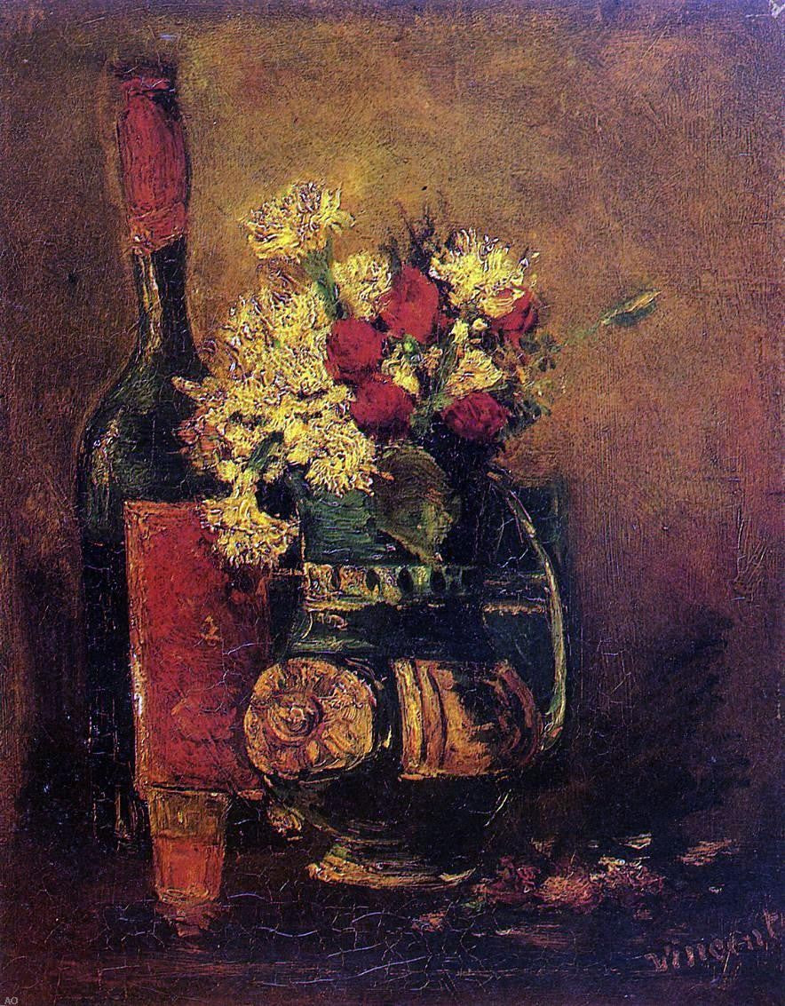 Vincent Van Gogh Vase with Carnations and Roses and a Bottle - Hand Painted Oil Painting