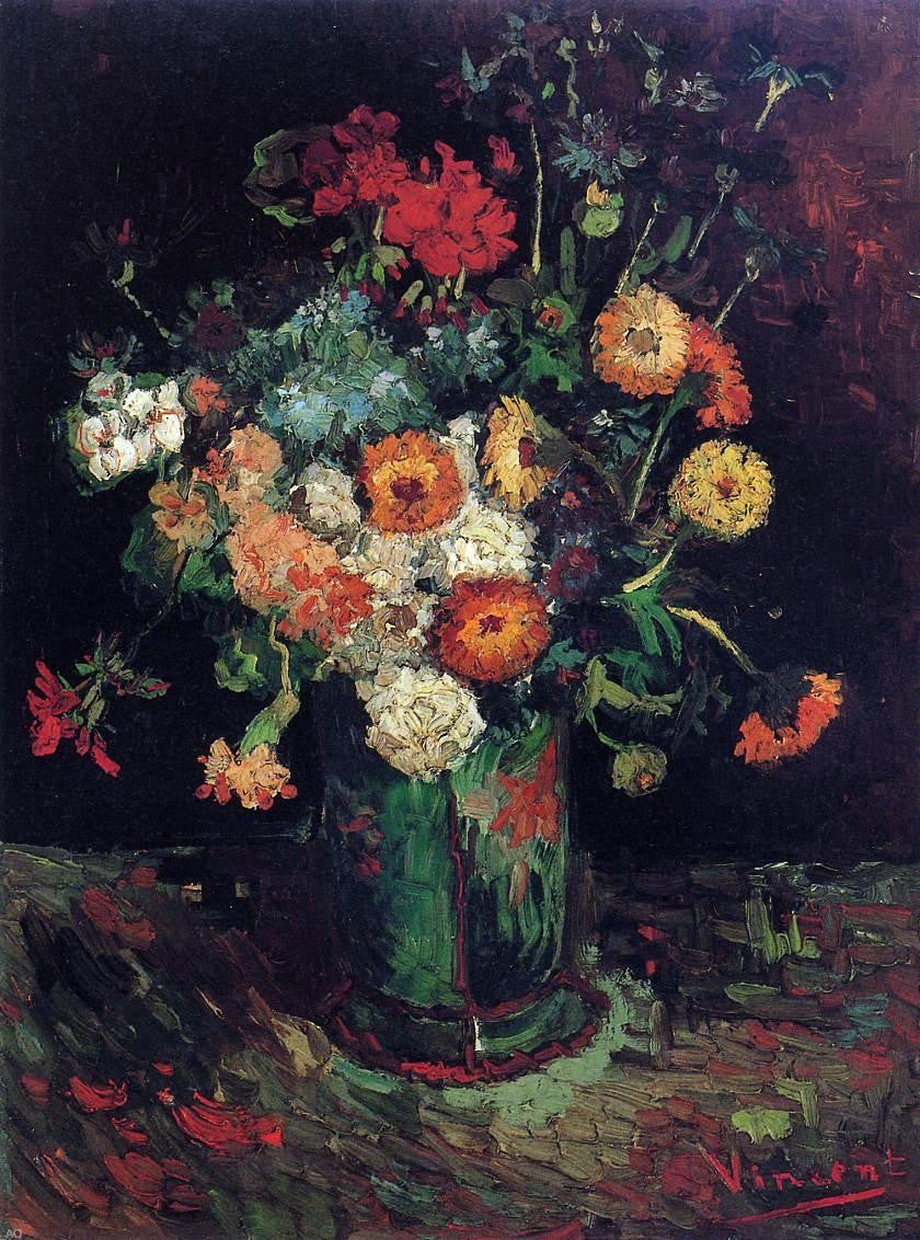 Vincent Van Gogh Vase with Zinnias and Geraniums - Hand Painted Oil Painting