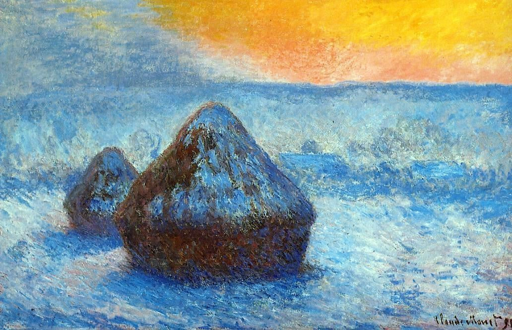 Claude Oscar Monet Grainstacks at Sunset, Snow Effect - Hand Painted Oil Painting