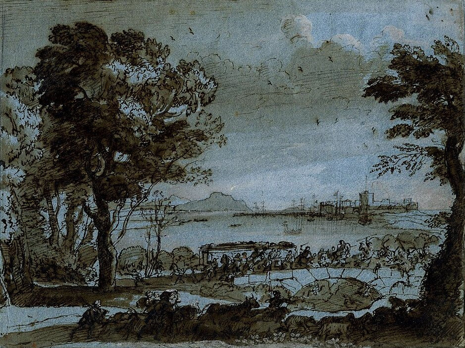 Claude Lorrain Coast Scene with a Battle on a Bridge - Hand Painted Oil Painting
