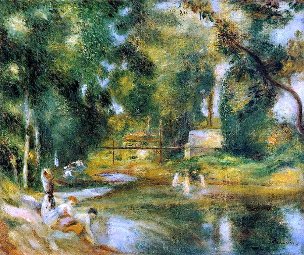 Pierre Auguste Renoir Essoyes Landscape - Washerwoman and Bathers - Hand Painted Oil Painting