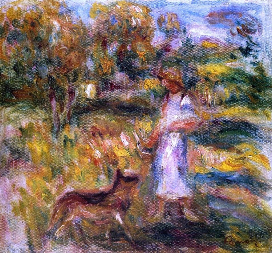 Pierre Auguste Renoir Woman in Blue and Zaza in a Landscape - Hand Painted Oil Painting