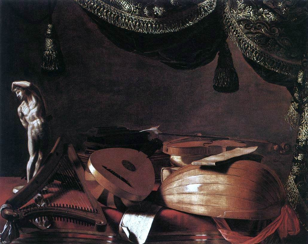 Evaristo Baschenis Still-Life with Musical Instruments and a Small Classical Statue - Hand Painted Oil Painting