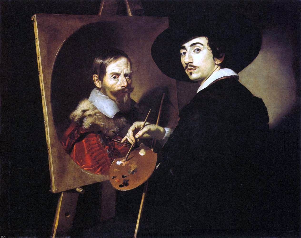 Nicolas Regnier Self-Portrait with a Portrait on an Easel - Hand Painted Oil Painting
