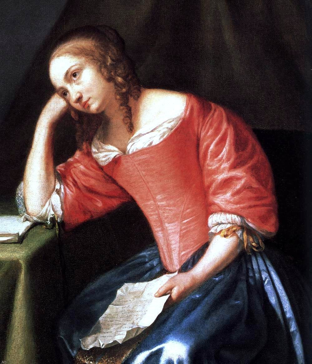 Caspar Netscher Young Girl Holding a Letter (detail) - Hand Painted Oil Painting