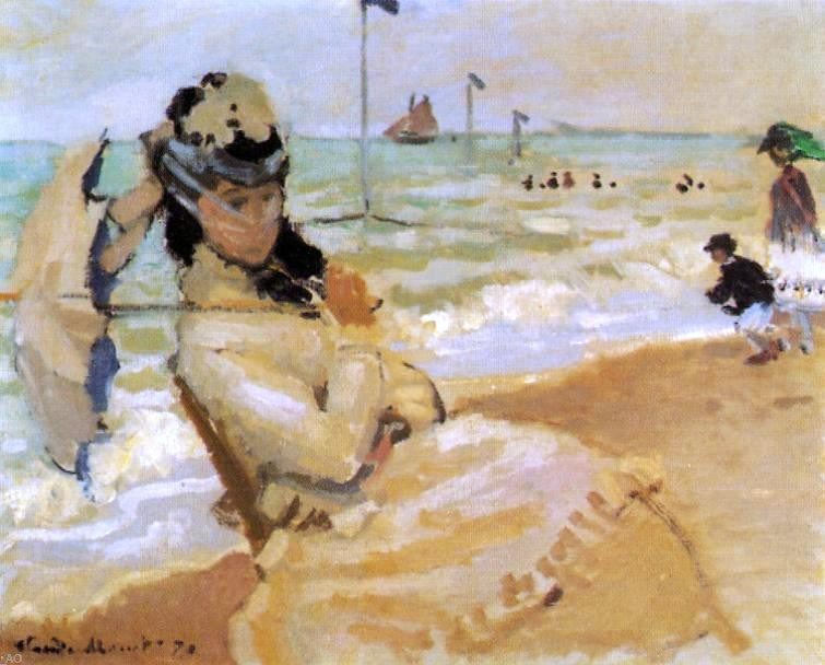 Claude Oscar Monet Camille on the Beach at Trouville - Hand Painted Oil Painting