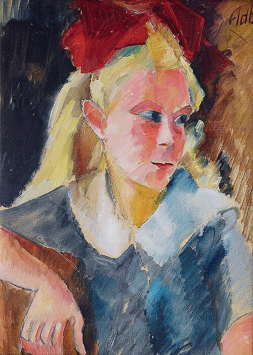 Alma del Banco Girl with a Red Ribbon - Hand Painted Oil Painting