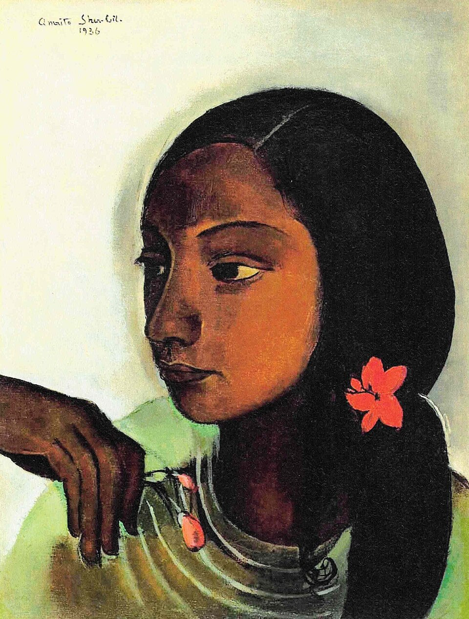 Amrita Sher-Gil Portrait of Girl with Flower - Hand Painted Oil Painting