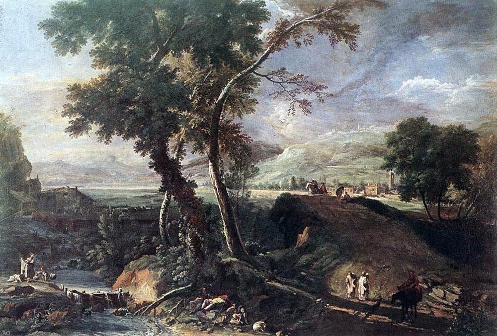 Marco Ricci Landscape with River and Figures - Hand Painted Oil Painting