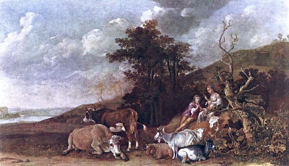 Paulus Potter Landscape with Shepherdess and Shepherd Playing Flute - Hand Painted Oil Painting