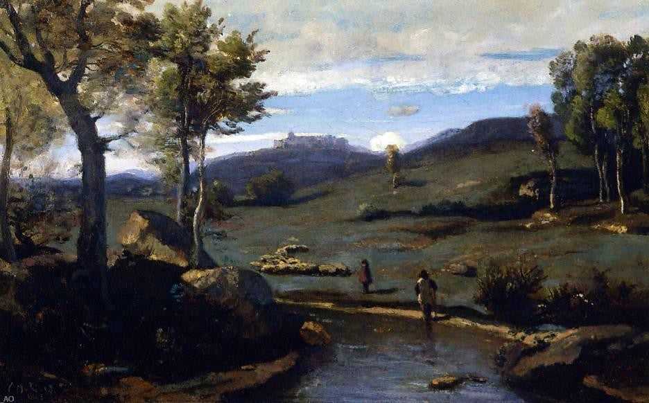 Jean-Baptiste-Camille Corot Roman Countryside - Rocky Valley with a Herd of Pigs - Hand Painted Oil Painting