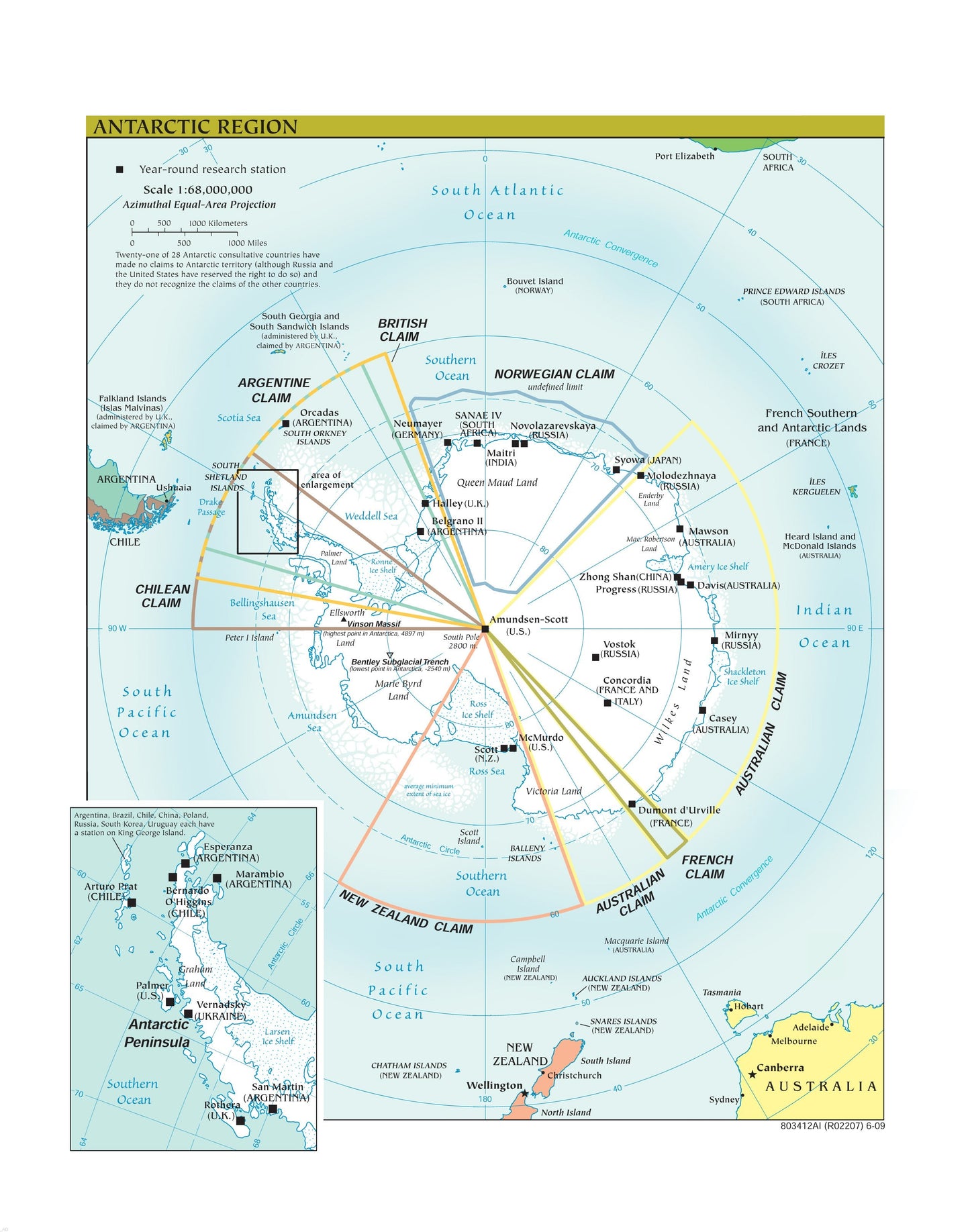 Antarctic Region Map - Political Framed Push Pin Map
