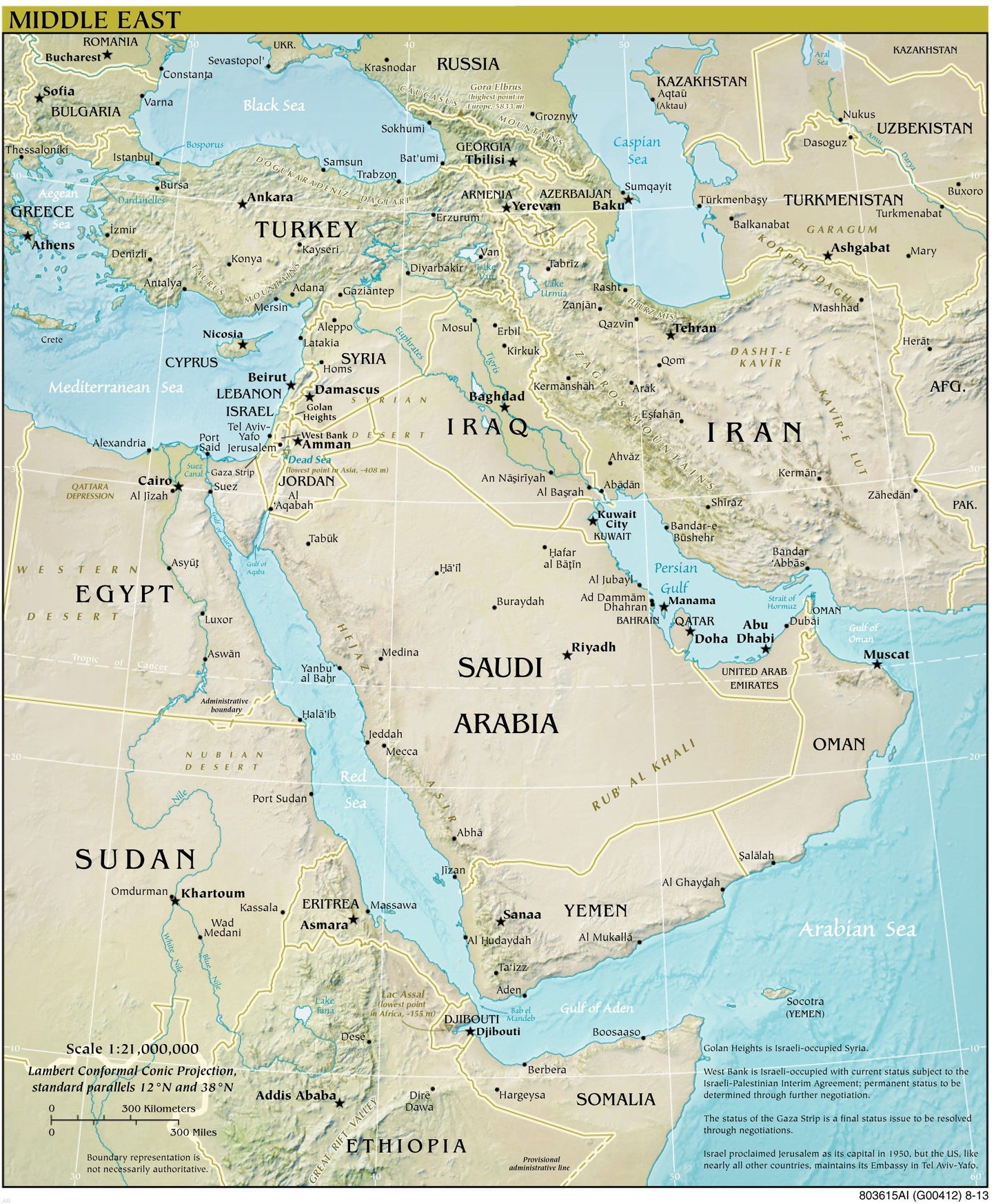 Middle East Map - Physical Framed Push Pin Map