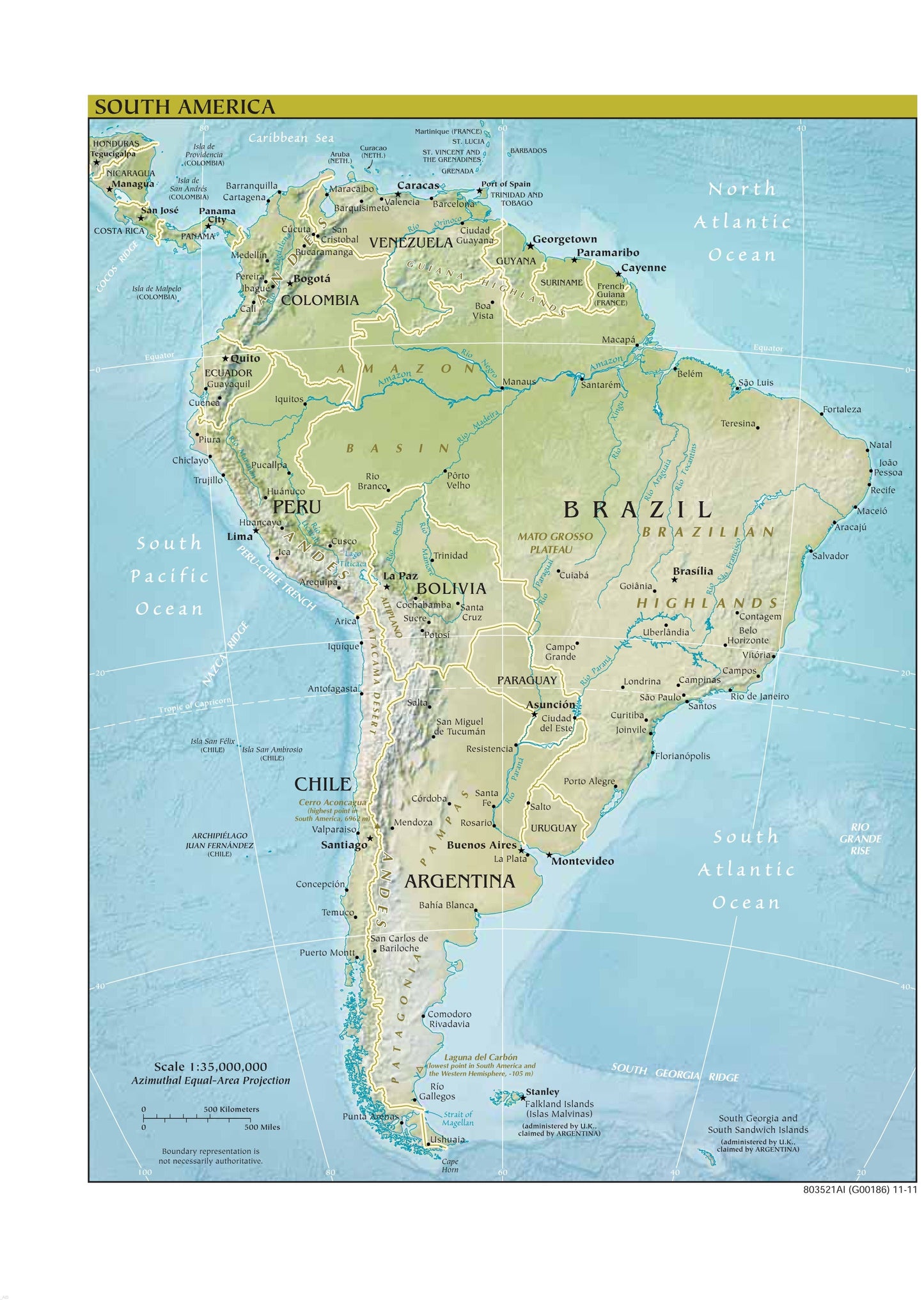 South America Map - Physical Framed Push Pin Map
