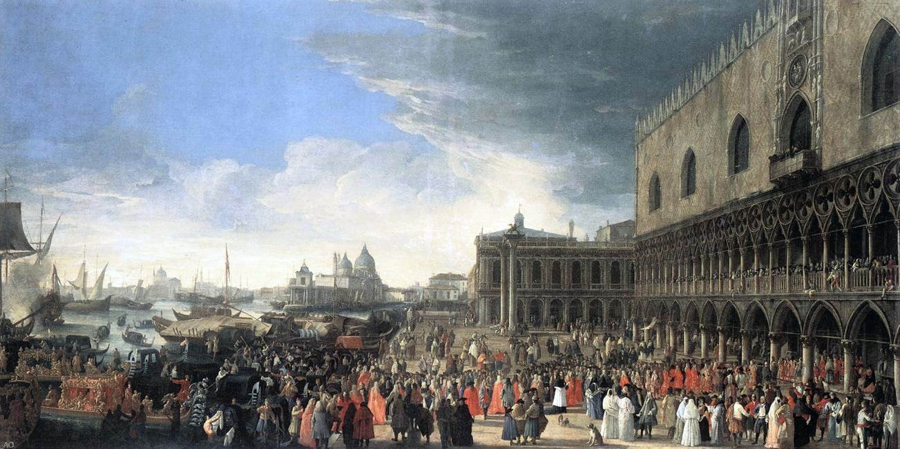 Luca Carlevaris The Reception of Cardinal Cesar d'Estrees - Hand Painted Oil Painting