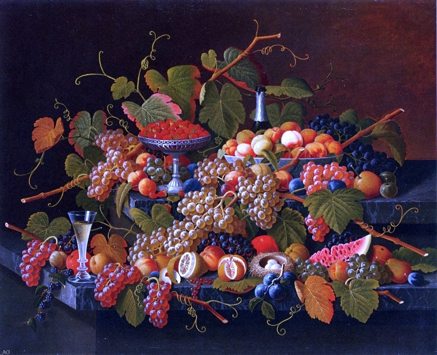 Severin Roesen Still Life with Fruit and Champagne - Hand Painted Oil Painting