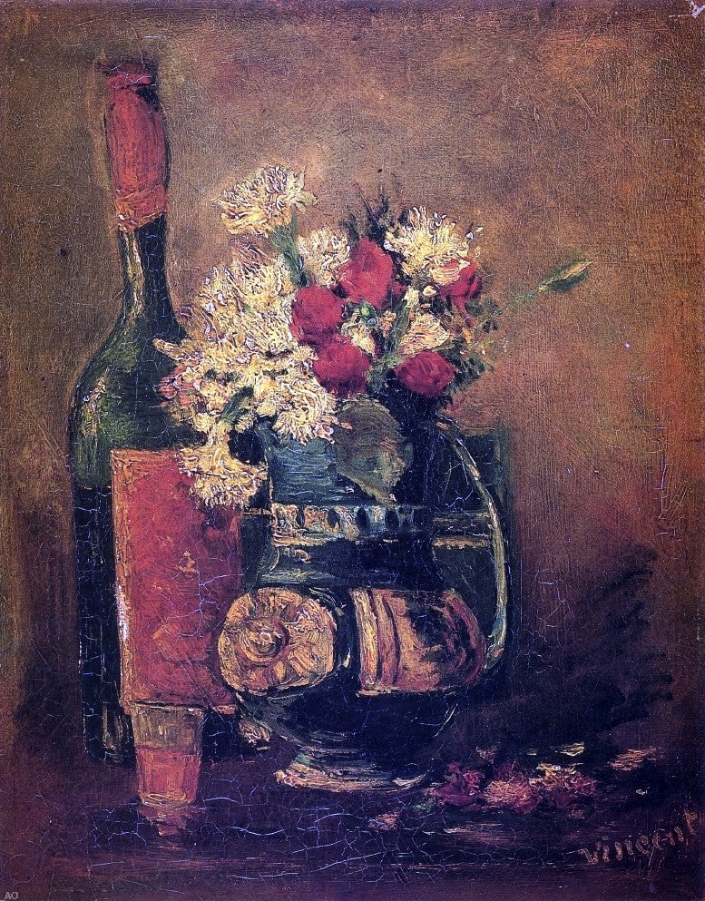 Vincent Van Gogh Vase with Carnations and Bottle - Hand Painted Oil Painting