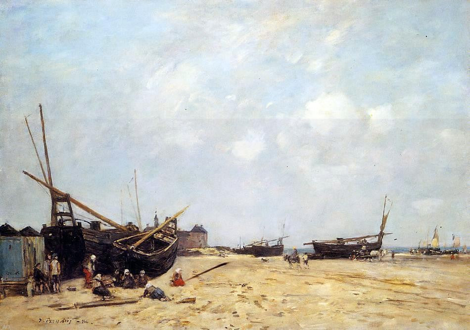 Eugene-Louis Boudin Fishing Boats Aground and at Sea - Hand Painted Oil Painting