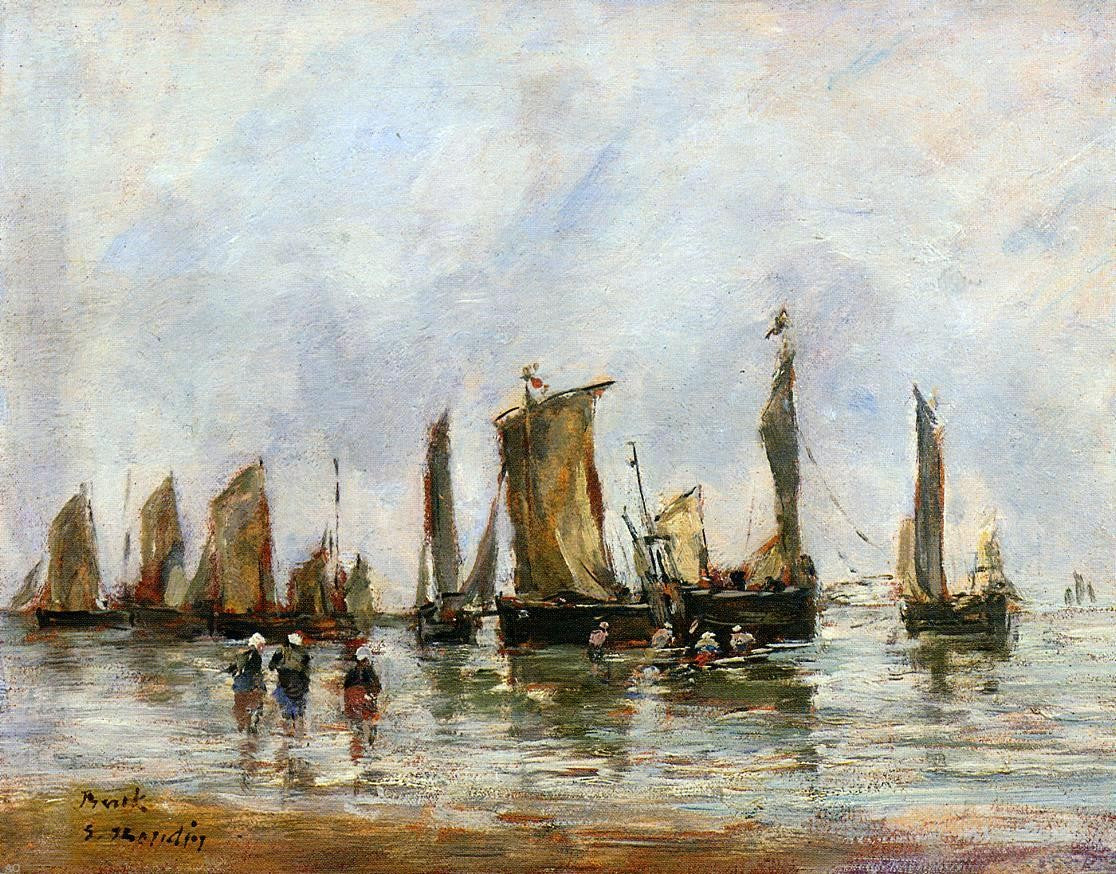 Eugene-Louis Boudin Fishing Boats at Berck - Hand Painted Oil Painting