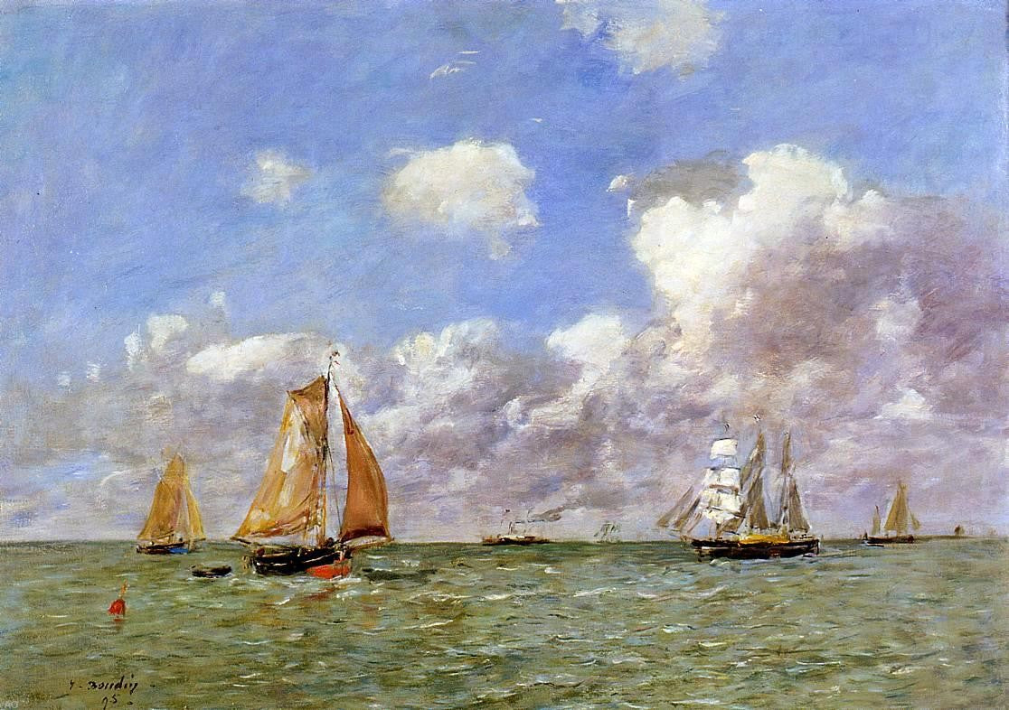 Eugene-Louis Boudin Fishing Boats at Sea - Hand Painted Oil Painting