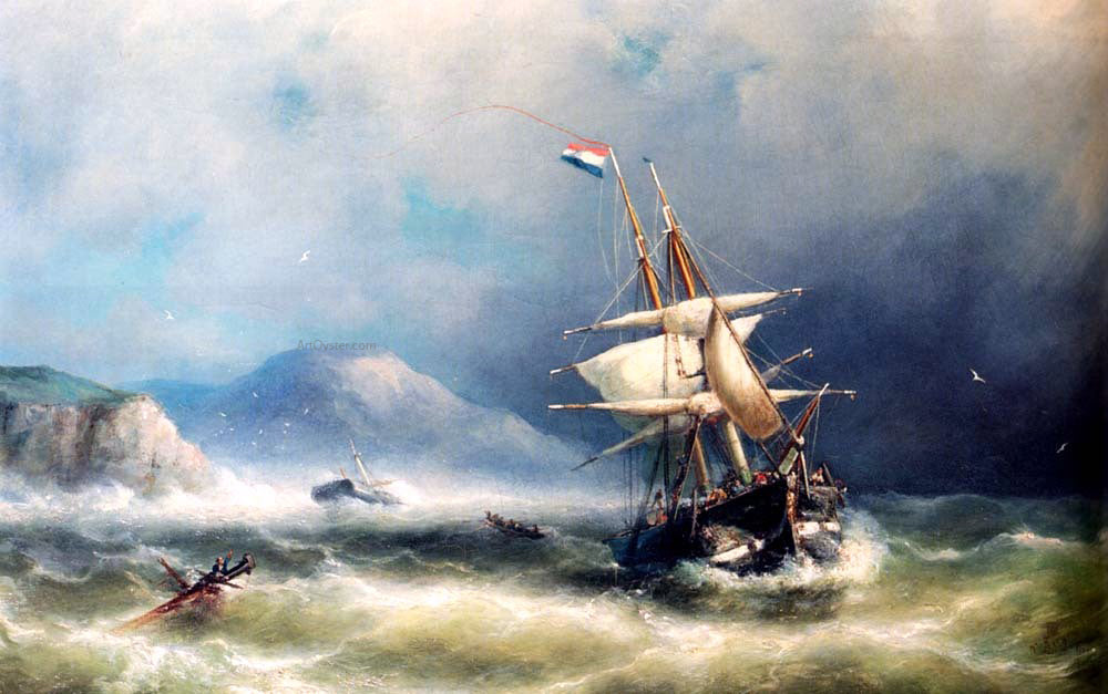 Nicolaas Riegen Barque In Distress Off A Rocky Coast - Hand Painted Oil Painting