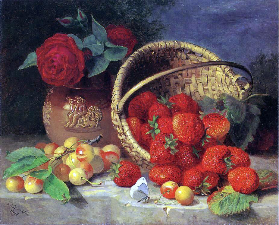 Eloise Harriet Stannard A Basket of Strawberries, Cherries, a Butterfly and Red Roses in a Vase on a Stone Ledge - Hand Painted Oil Painting