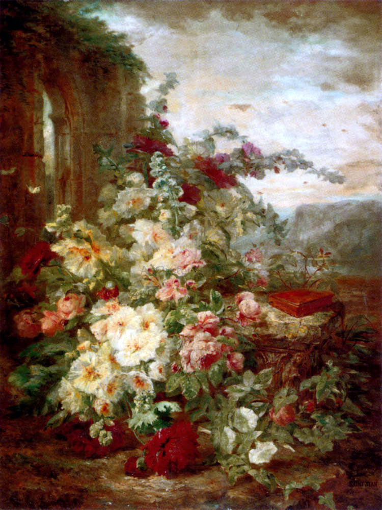 Simon Saint-Jean A Book on a Plinth by a Rose Bush at the Ruins - Hand Painted Oil Painting