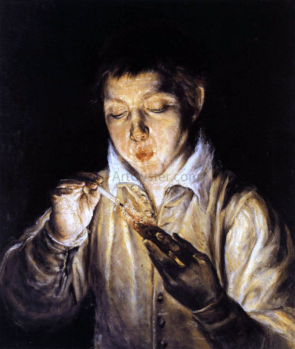 El Greco A Boy Blowing on an Ember to Light a Candle (Soplon) - Hand Painted Oil Painting